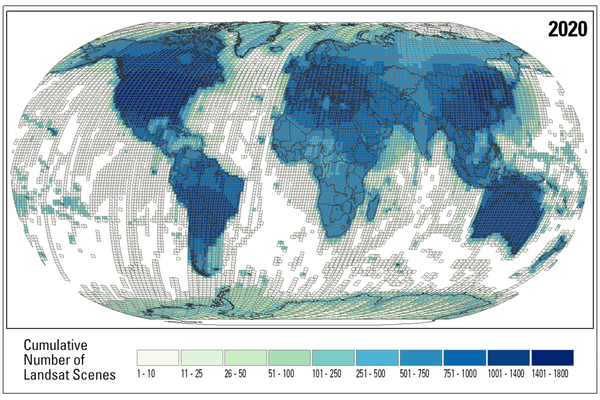 Graphic showing the cumulative number of scenes per path/row in the Landsat archive