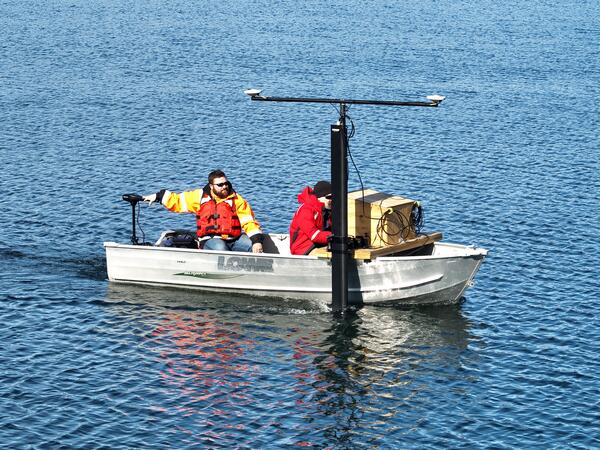 two people in small boat on pond
