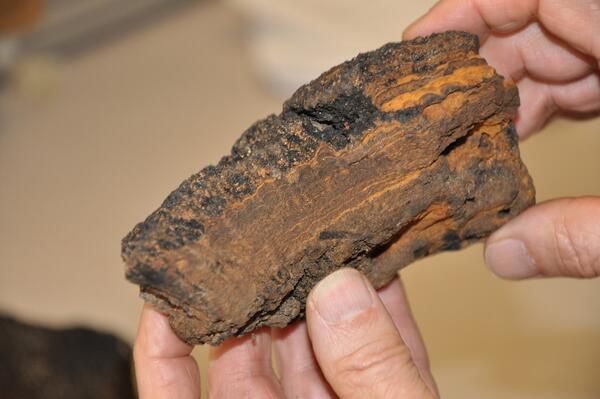 Hands holding rock with orange and black striations