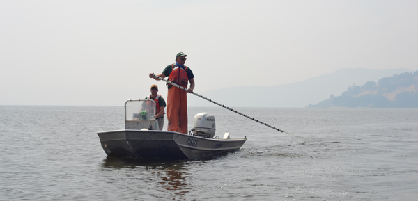 boat with USGS fisheries scientists on Upper Klamath Lake, OR
