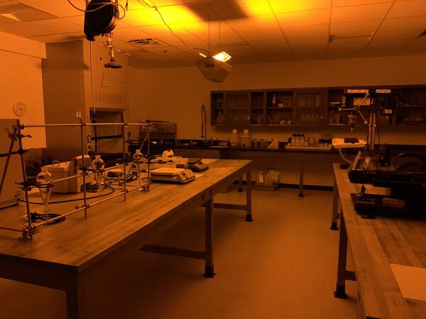 laboratory lit by dim amber-colored light, and with benches and cabinets that hold lab supplies and analytical equipment