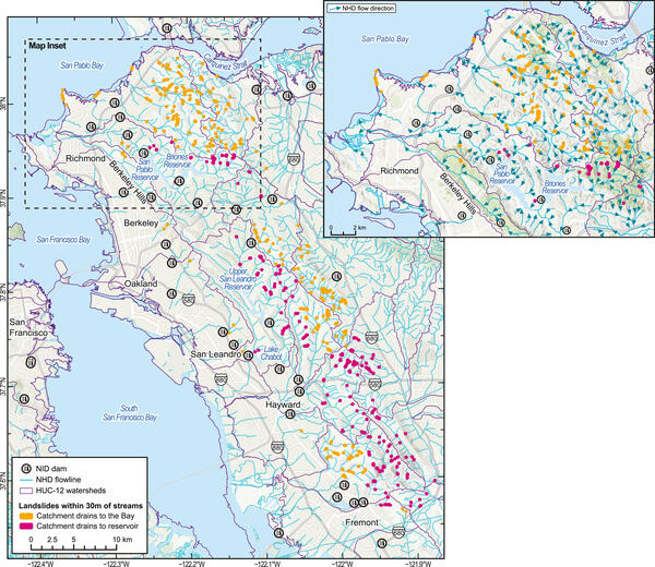 Map showing designation of stream-contacting landslides in east San Francisco Bay