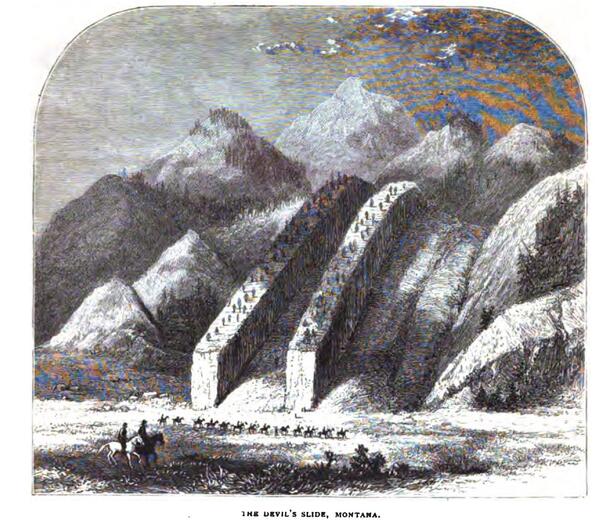 Black and white artistic sketch of a mountainside with two projecting vertical layers, forming a "slide"