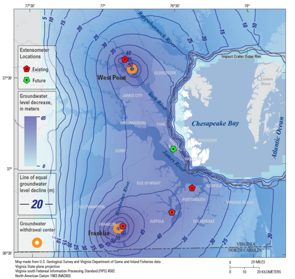 Map of the Virginia coastal plain with the locations of USGS extensometers and the severity of groundwater drawdown