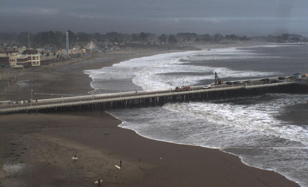 Image of Santa Cruz wharf during Dec 23 2024 storm taken from a CoastCam atop the Dream Inn hotel