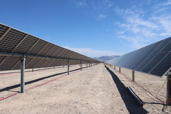 Dry Lake Solar Array in Nevada, with mountains in the distance