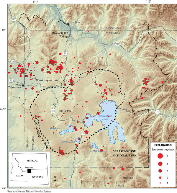 earthquakes were scattered throughout the Yellowstone region in 2025, mostly occurring between Hebgen Lake and Norris