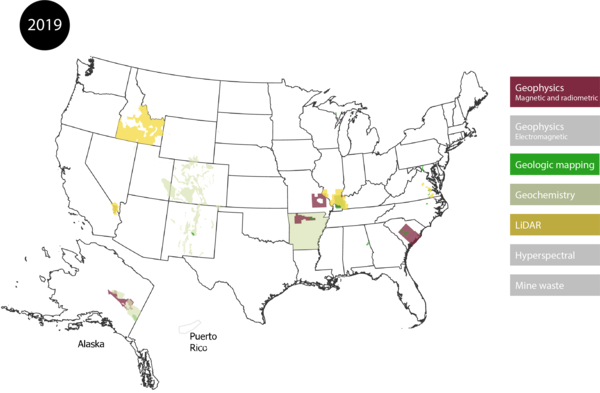 Map of the US, Alaska and Puerto Rico filled in by data type: geophysics, geologic mapping, geochemistry, Lidar, Mine Wastes, hyperspectral. 