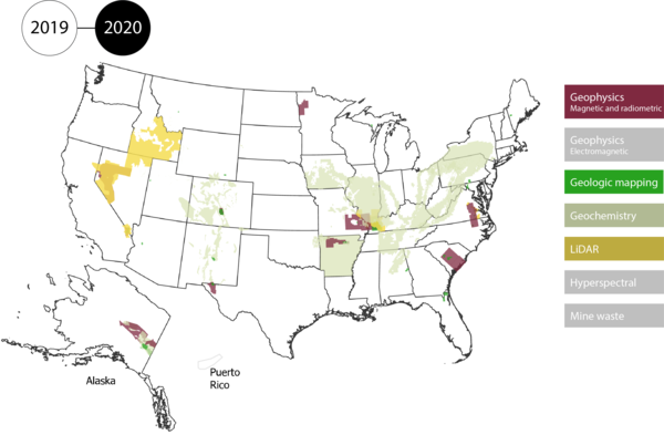 Map of the US, Alaska and Puerto Rico filled in by data type: geophysics, geologic mapping, geochemistry, Lidar, Mine Wastes, hyperspectral. 