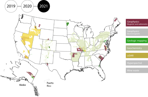 Map of the US, Alaska and Puerto Rico filled in by data type: geophysics, geologic mapping, geochemistry, Lidar, Mine Wastes, hyperspectral. 