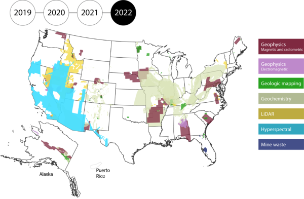 Map of the US, Alaska and Puerto Rico filled in by data type: geophysics, geologic mapping, geochemistry, Lidar, Mine Wastes, hyperspectral. 