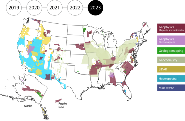 Map of the US, Alaska and Puerto Rico filled in by data type: geophysics, geologic mapping, geochemistry, Lidar, Mine Wastes, hyperspectral. 