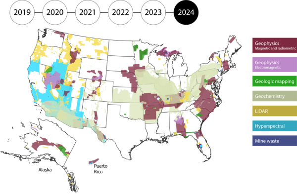 Map of the US, Alaska and Puerto Rico filled in by data type: geophysics, geologic mapping, geochemistry, Lidar, Mine Wastes, hyperspectral. 