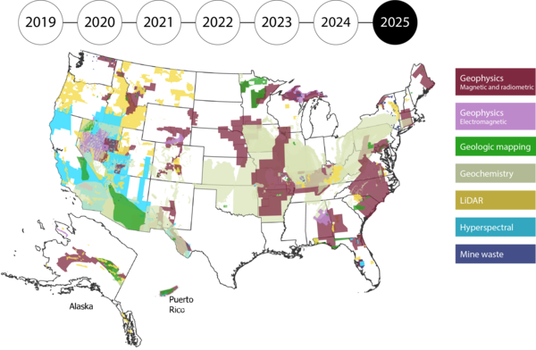 Map of the US, Alaska and Puerto Rico filled in by data type: geophysics, geologic mapping, geochemistry, Lidar, Mine Wastes, hyperspectral. 