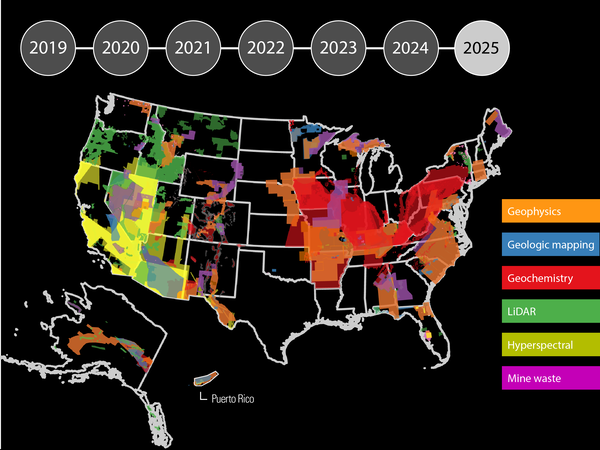 Map of the US, Alaska and Puerto Rico filled in by data type: geophysics, geologic mapping, geochemistry, Lidar, Mine Wastes, hyperspectral. 