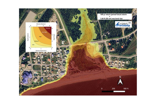 Map showing modeled velocity hazard for a 100-year period storm with 50cm of sea-level rise in Elim, Alaska