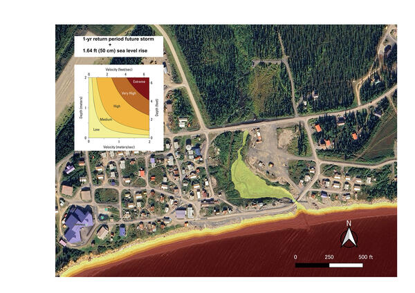 Map showing modeled velocity hazard for a 1-year period storm with 50cm of sea-level rise in Elim, Alaska