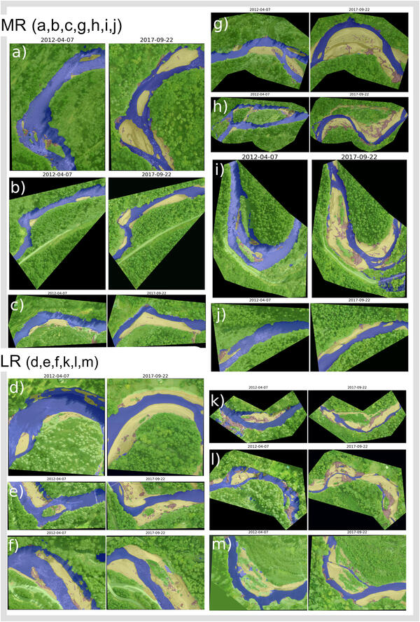 Multi-paneled graph of orthoimagery shows example model output of woody debris along Elwha River