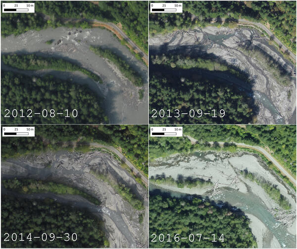 Four-panel image showing example aerial orthoimagery of wood along Elwha River