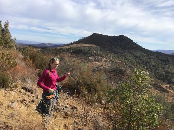 A female geologist in a bright fuschia shirt stands on a brushy slope in front of several conical hills