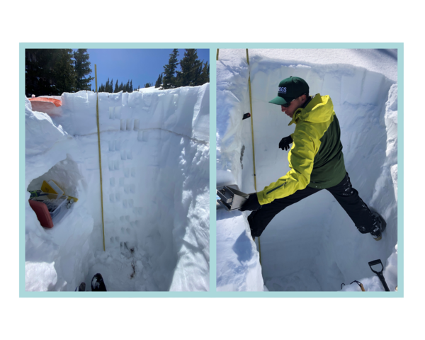 Two photos are arranged side by side. In the first photo, the photographer stands at the bottom of the snowpit. We can see how deep the snowpit is – about the length of a ski from tip to tail. There is a shelf dug into the side of the pit that holds science gear. Just above the snowpit we can see a bit of blue sky a few evergreen trees. 