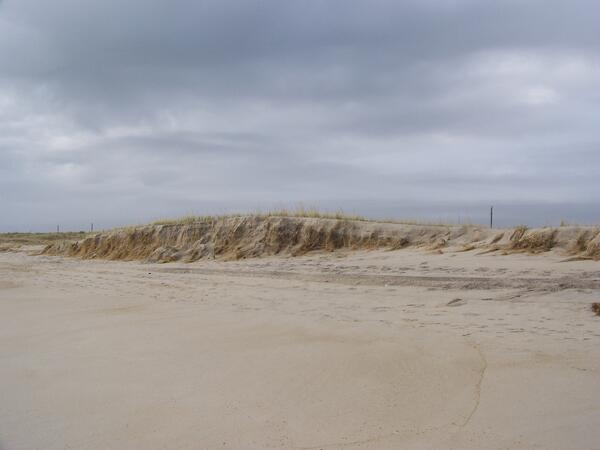 A beach with an eroded ocean dune with some vegetation on top, cloudy sky overhead