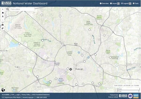 Map of the gages that make up the Raleigh Flood Early Warning System (FEWS)