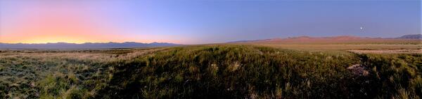 Rounded desert mound with short grasses, sparse landscape, distant mountain backlit by the setting sun.