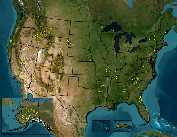 U.S. map with deposits marked by yellow points.