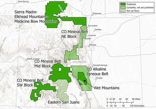Colorado map with geophysical survey areas shown