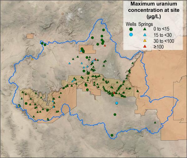 Graphic mapping out maximum uranium concentration in 206 spring and well sites in the Grand Canyon region.