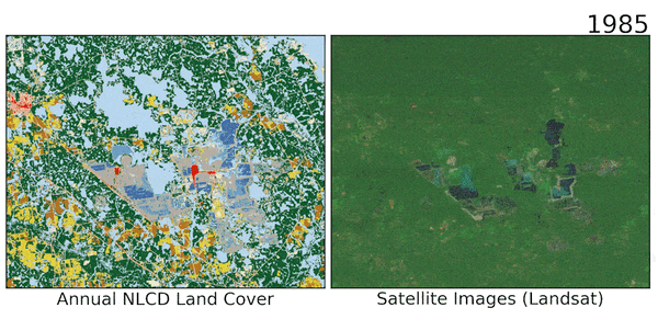Two animations, one showing colorful land cover change on the left and the other showing satellite imagery over time 