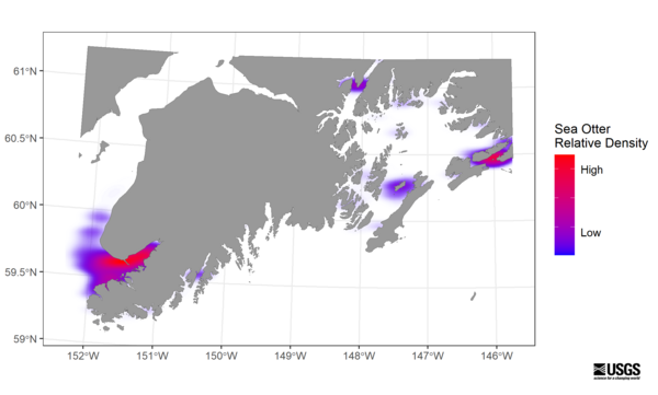 Figure of density estimate of sea otters in southcentral Alaska from aerial surveys flown in 2014, 2017, and 2019.