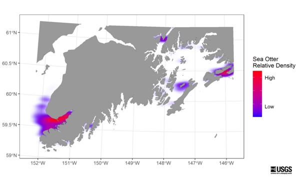 Figure of density estimate of sea otters in southcentral Alaska from aerial surveys flown in 2014, 2017, and 2019. 