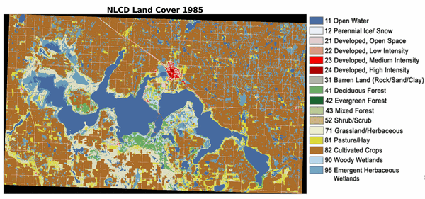 Animation of a map with varying shades of blues, reds, yellows, browns and a legend