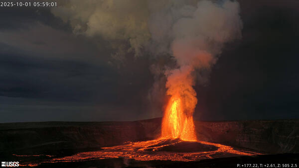 Color photograph of lava fountaining