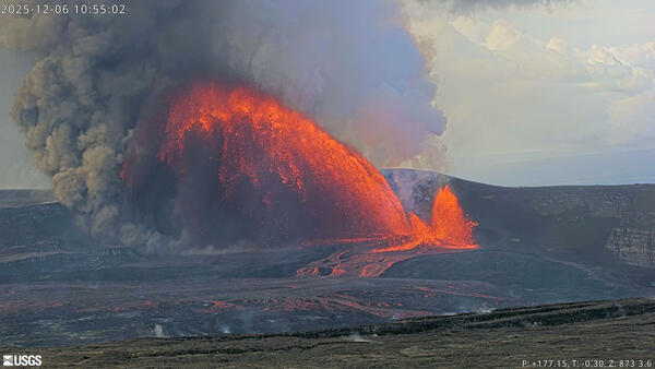 Color photograph of lava fountaining