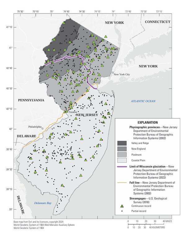 Map showing the locations of Streamgages in New Jersey