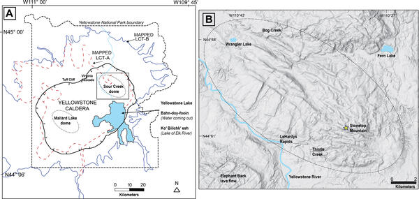 Left panel is line drawing of Yellowstone region; right panel has shaded relief of a domal area cut by valleys