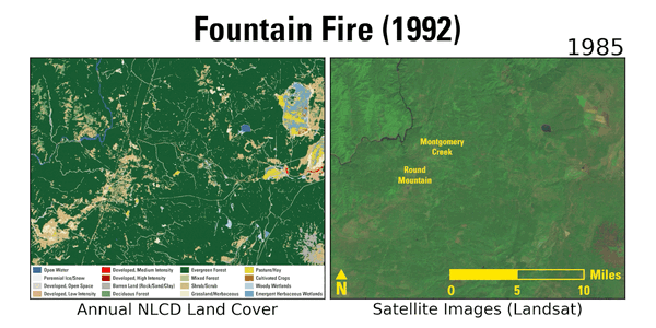 Two side-by-side animations of fire and recovery on the landscape in various greens and browns