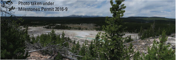 Looking down into a barren valley with some hot springs. Trees in the foreground and background. Mountain in the far back.