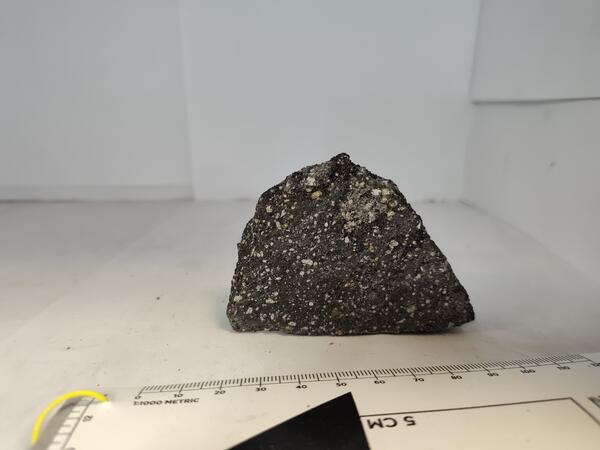 Fist sized sample of rock, black in color with white flecks