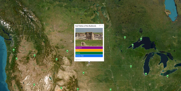 web map with sod tables of the Badlands pop up visible in its South Dakota location