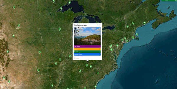Web map with open pop showing a photo of the Cumberland Gap location 