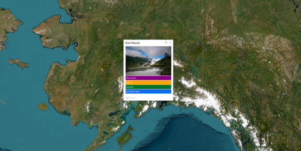Web map with open pop showing a photo of the Exit Glacier location in Alaska
