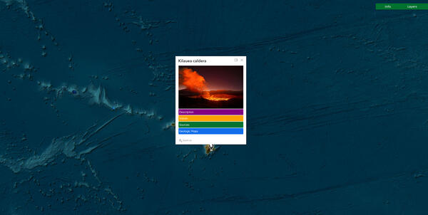 Web map with open pop showing a photo of the Kilauea caldera location in Hawaii