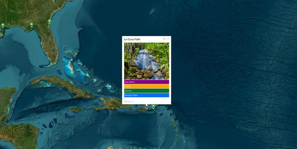 Web map with open pop showing a photo of the La Coca Falls location in Puerto Rico
