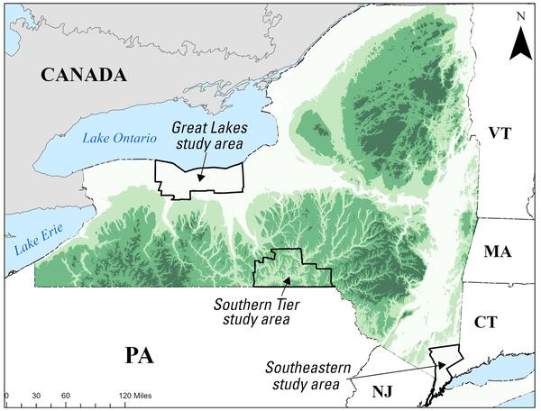 Map of New York State showing the three pilot study areas for interactive products to assist with geothermal drilling.