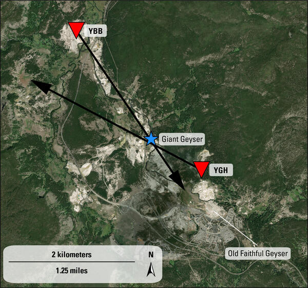 the directions of infrasound from stations at Biscuit Basin and Geyser Hill converge on Giant Geyser
