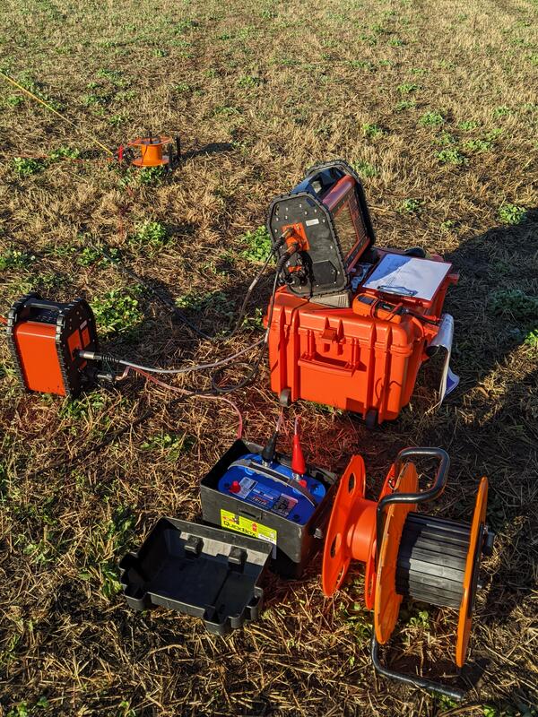WalkTEM instrument staged for collection of ground-based electromagnetic survey data
